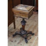 Victorian mahogany sarcophagus shaped teapoy on turned octagonal pedestal to inverted quadriform