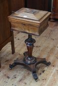Victorian mahogany sarcophagus shaped teapoy on turned octagonal pedestal to inverted quadriform