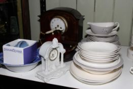 Inlaid mahogany mantel clock, Victorian wall clock, Royal Doulton Frost Pine dinner service, etc.