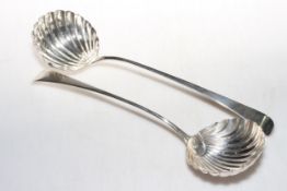 Matched pair of George III silver Old English pattern soup ladles with shell bowls,