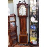 Antique mahogany eight day longcase clock having arched painted dial, Peter Leslie, Burntisland.