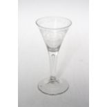 18th Century Dutch wine glass engraved with sailing ship and wording HET LANS WELL VAREN (The