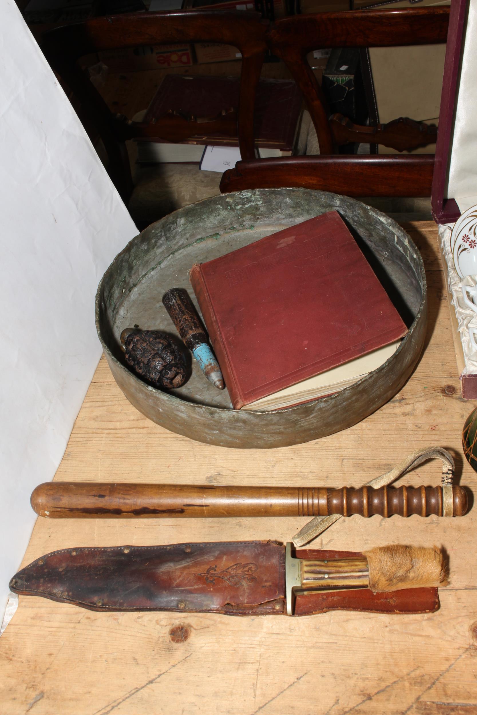 Bowie knife, truncheon, brass gong, grenade, etc.