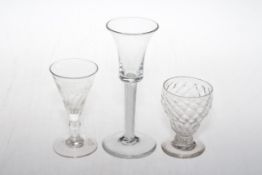 Antique Scottish Bonnet glass, air twist stem glass, and small wrythen bowl glass, tallest 16cm.