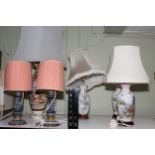 Collection of six table lamps and shades including pair of Doulton Lambeth Stoneware lamps.