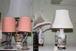 Collection of six table lamps and shades including pair of Doulton Lambeth Stoneware lamps.