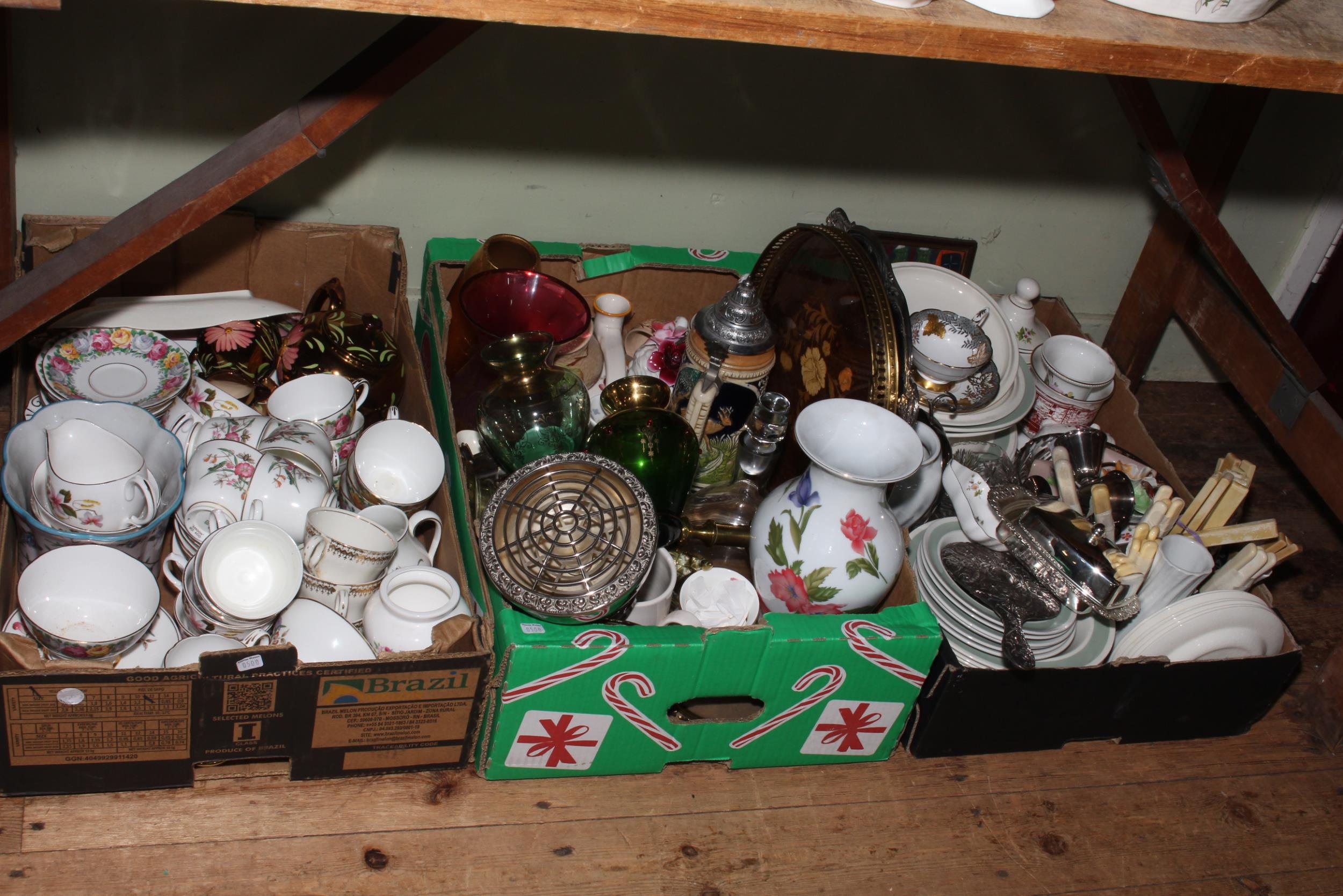 Three boxes of glass and china including various teaware, Woods Ware 'Clovelly' dinnerware,