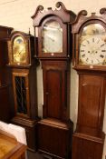 Antique oak and mahogany 30 hour longcase clock having painted arched dial, signed R.