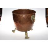 Brass and copper two handled coal bucket on paw feet.