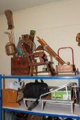 Collection of vintage toys including Croquet sets, Cricket bats and stumps, Badminton rackets,