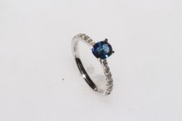 18 carat white gold sapphire and diamond ring, size K.