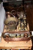 Victorian brass jam pan, postal scales and weights, copper kettle, LNER railway lamp,