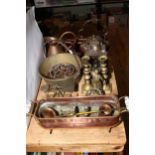 Victorian brass jam pan, postal scales and weights, copper kettle, LNER railway lamp,