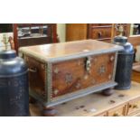 Small Eastern hardwood, brass and studded trunk on bun feet, 38cm by 65cm by 34cm.