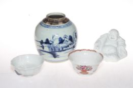 Four pieces of Chinese ceramics comprising Buddha, ginger jar, famille rose bowl and fluted bowl.