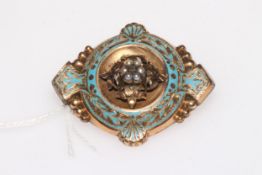 Victorian gold mourning brooch, having blue enamel decoration and set with seed pearls, 4.