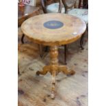 Circular inlaid Sorrento table having frieze drawer and raised on turned pedestal tripod base,