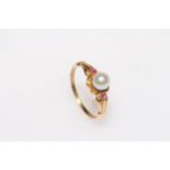 Gold pearl and ruby dress ring, size Q/R.