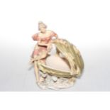 Good Royal Dux figure of maiden with flower garland seated with shell on sea scroll base,