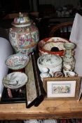 Collection of Oriental china including large lidded vase, bowls, pictures, wood stands,