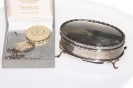 Silver oval ring box, London 1909 (lid loose), silver locket and small ivory box with roundels (3).