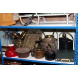 Copper and brassware including coal scuttles, oil lamps, kettles, portable typewriter,