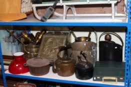 Copper and brassware including coal scuttles, oil lamps, kettles, portable typewriter,