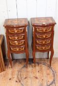 Pair Continental inlaid serpentine front four drawer pedestal chest, 81cm by 34cm by 28cm.