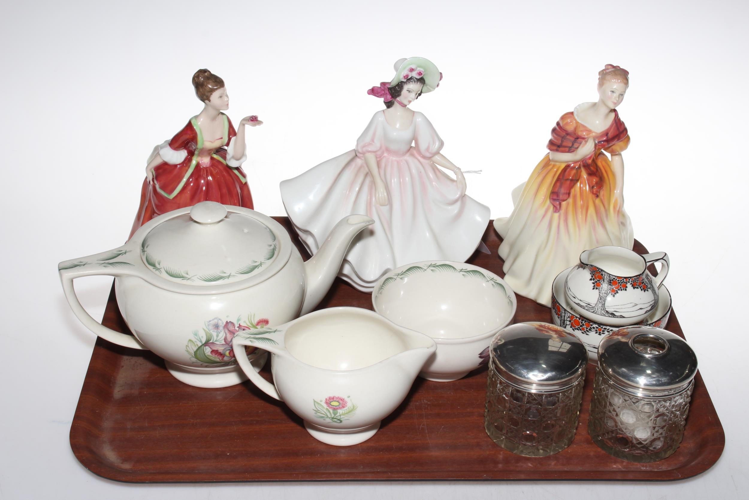 Three Royal Doulton ladies, Susie Cooper Parrot Tulip three piece tea set,