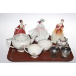 Three Royal Doulton ladies, Susie Cooper Parrot Tulip three piece tea set,