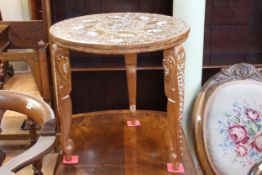 Indian hardwood and elephant inlaid circular occasional table, 45cm by 45cm diameter.