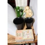 Boxed set of six coffee cans and five saucers, two Wedgwood vases, figure and green glass jug,