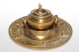French 19th Century gilt desk inkwell with rope twist borders, 20cm diameter.