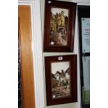 Pair framed ceramic tiles depicting Edinburgh Buildings, 39cm by 25.5cm including frames.