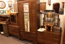 Early 20th Century oak mirror door three piece bedroom suite and double bedstead.