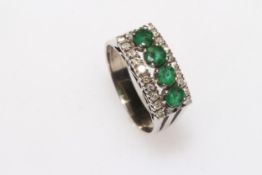 Emerald and diamond cluster 14k white gold ring,