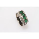 Emerald and diamond cluster 14k white gold ring,