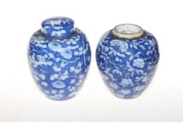 Pair Chinese blue and white ginger jars, lids and one cover, character marks to base, 15.5cm.