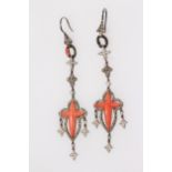 Pair coral and diamond drop earrings set in 18 carat gold.