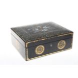 Victorian papier-mache dressing table box, with fitted interior with toilet bottles, 28cm wide.