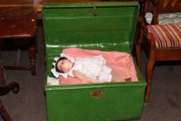 Painted tin trunk, assorted linen, Durham quilt, child's doll, etc.