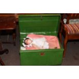 Painted tin trunk, assorted linen, Durham quilt, child's doll, etc.