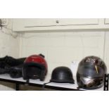Hunter Class motorcycle jacket, size 44, vintage style helmet and two others.