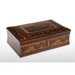 19th Century Tunbridge ware box, having castle decoration to lid with foliate borders on rosewood,
