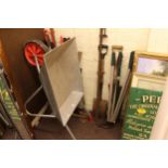 Garden barrow and collection of garden tools, clamps, etc.