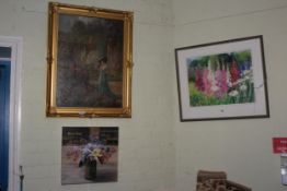 Framed floral watercolour, Lady in a Garden, oil on canvas, and A. Cooper, Still Life, oil (3).