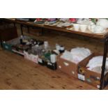 Six boxes of various linen, various glassware, three piece Piquot tea set,