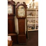 Antique oak cased eight day longcase clock having painted arched dial, signed McGregor, 206cm.