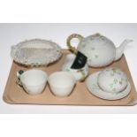 Belleek seven piece tea for two, basket work bowl and small bell.