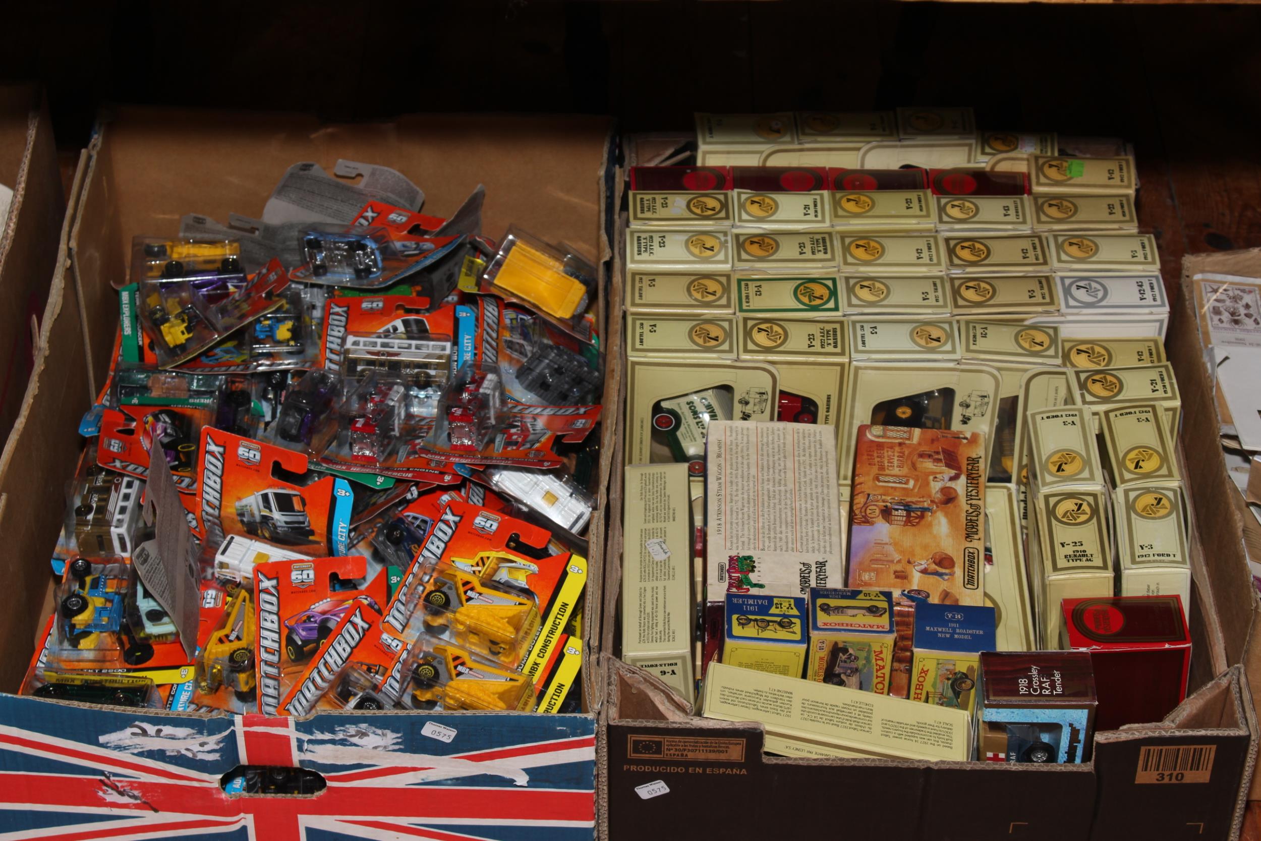 Two boxes of Matchbox model vehicles including Models of Yesteryear.